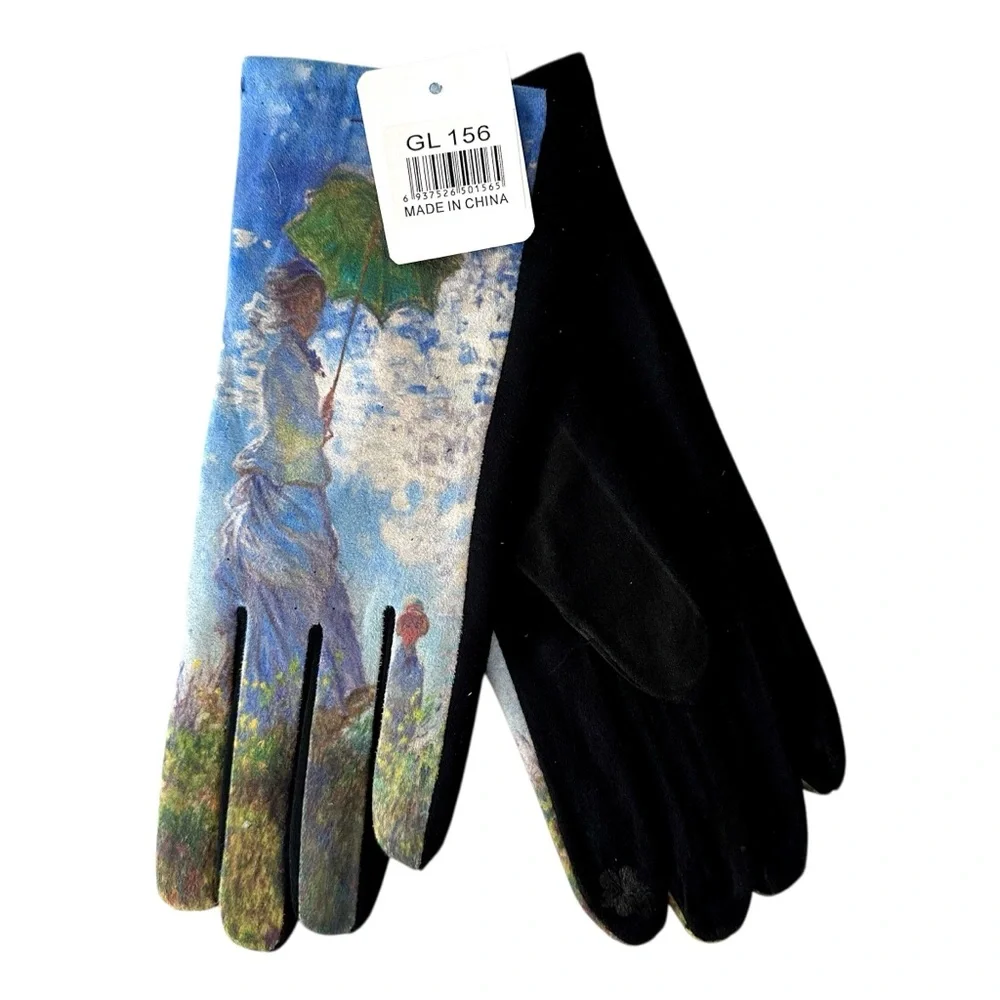 Micro Suede Gloves Monet Woman with a Parasol Inspired Touchscreen Index Finger